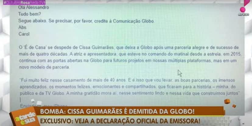 Cissa Guimarães é chamada em salinha da direção da Globo e demitida pela emissora após 40 anos de casa Cissa Guimarães é chamada em salinha da direção da Globo e demitida pela emissora após 40 anos de casa