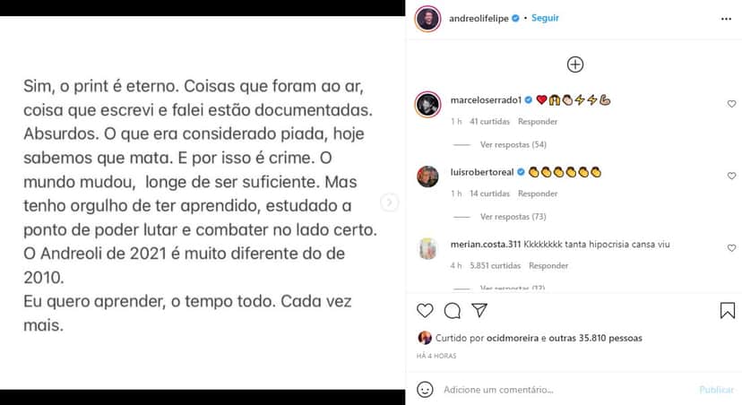 Felipe Andreoli fez um pronunciamento sobre os prints de seu passado (Foto: Reprodução) Felipe Andreoli fez um pronunciamento sobre os prints de seu passado (Foto: Reprodução)