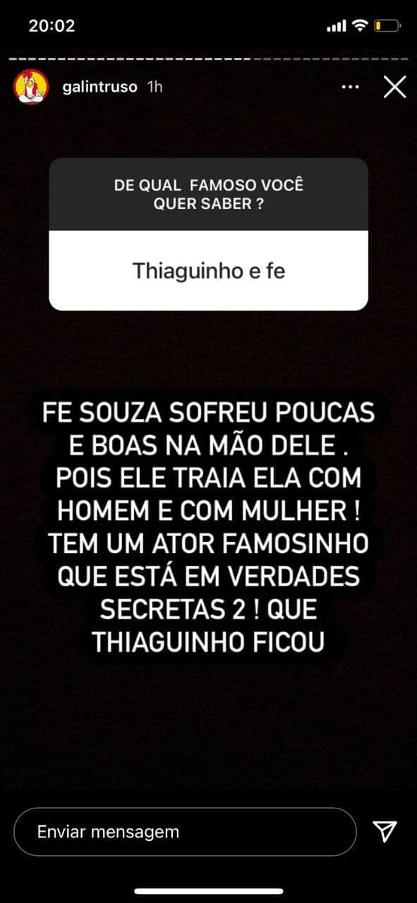Galo Intruso diz que Thiaguinho traia Fernanda Souza com homens e mulheres (Foto: Reprodução) Galo Intruso diz que Thiaguinho traia Fernanda Souza com homens e mulheres (Foto: Reprodução)