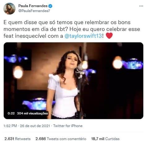 Paula Fernandes relembrou o feat que fez com Taylor Swift (Foto: Reprodução/Twitter) Paula Fernandes relembrou o feat que fez com Taylor Swift (Foto: Reprodução/Twitter)