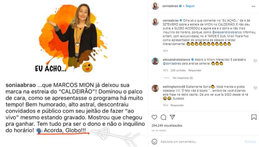 Sonia Abrão relembrou opinião sobre Marcos Mion (Foto: Reprodução/Instagram) Sonia Abrão relembrou opinião sobre Marcos Mion (Foto: Reprodução/Instagram)