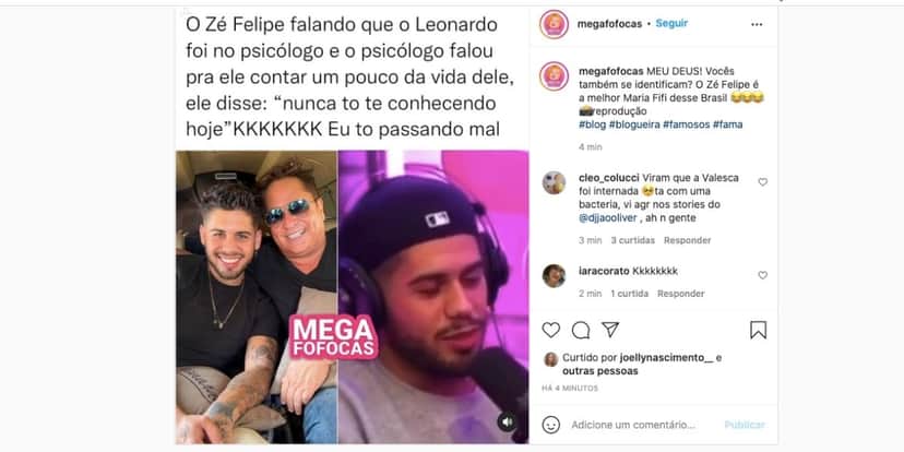 De acordo com Zé Felipe, Leonardo foi ao tratamento por conta de Poliana (Reprodução) De acordo com Zé Felipe, Leonardo foi ao tratamento por conta de Poliana (Reprodução)