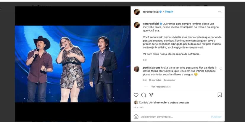 Xororó lamenta perda irreparável de cantora (Reprodução) Xororó lamenta perda irreparável de cantora (Reprodução)