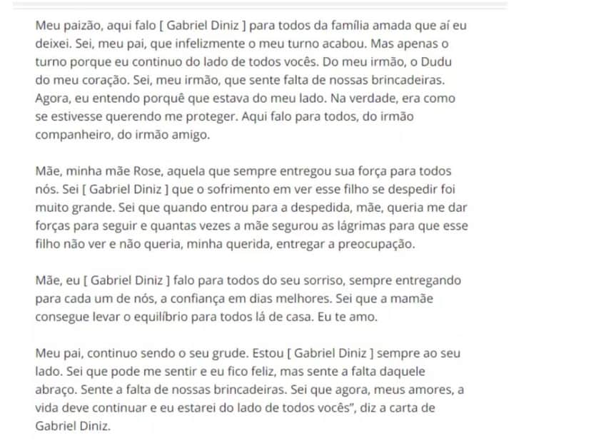 Gabriel Diniz deixa suposta carta psicografada aos familiares - reprodução Gabriel Diniz deixa suposta carta psicografada aos familiares - reprodução
