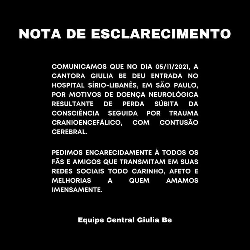 Nota de Esclarecimento da assessoria de Giulia Be (Foto: Divulgação) Nota de Esclarecimento da assessoria de Giulia Be (Foto: Divulgação)