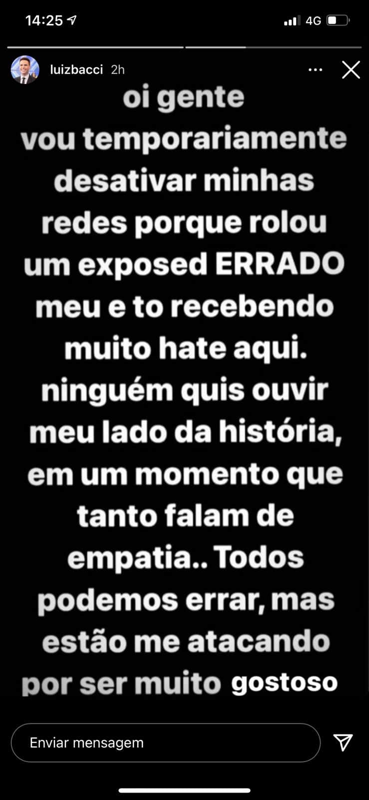 "Estão me atacando", Luiz Bacci tem escândalo exposto e denuncia ódio: "Ninguém quis ouvir meu lado da história" "Estão me atacando", Luiz Bacci tem escândalo exposto e denuncia ódio: "Ninguém quis ouvir meu lado da história"