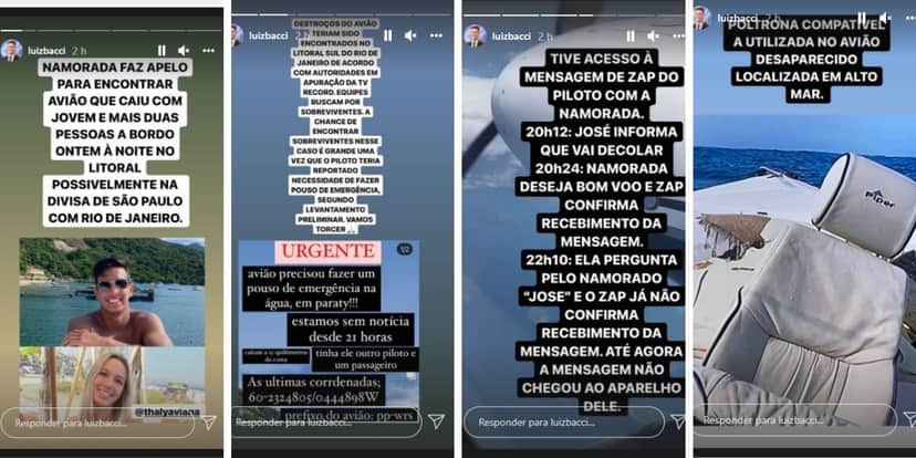 Luiz Bacci anuncia queda de avião às pressas, expõe destroços encontrados e confirma: "Buscam por sobreviventes" Luiz Bacci anuncia queda de avião às pressas, expõe destroços encontrados e confirma: "Buscam por sobreviventes"
