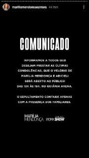 Comunicado sobre o velório de Marília Mendonça (Foto: Reprodução) Comunicado sobre o velório de Marília Mendonça (Foto: Reprodução)