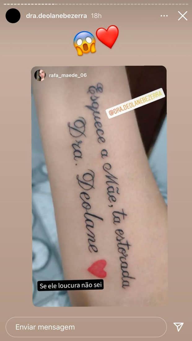 Fã homenageia Deolane Bezerra em tatuagem e erra detalhe - Foto: Reprodução Fã homenageia Deolane Bezerra em tatuagem e erra detalhe - Foto: Reprodução