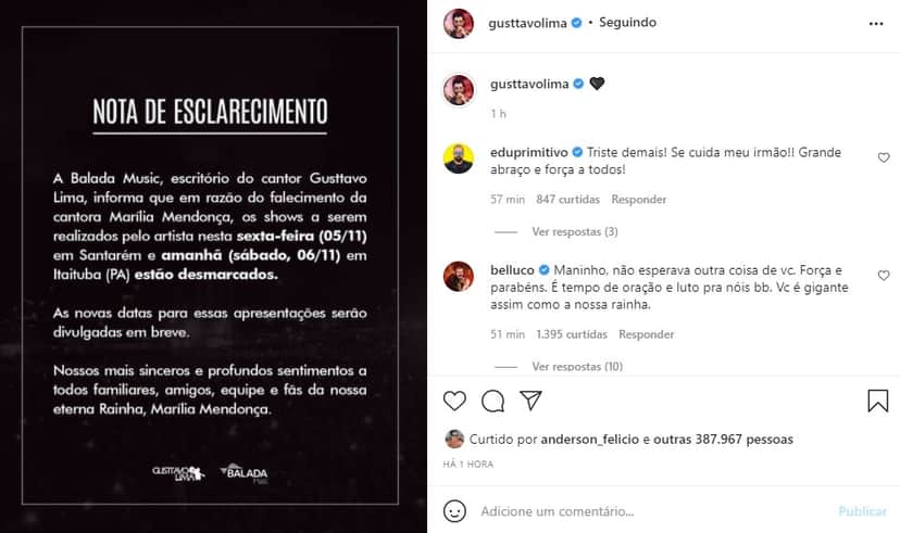 Gusttavo Lima cancelou show, após morte de Marília Mendonça (Foto: Reprodução/ Instagram) Gusttavo Lima cancelou show, após morte de Marília Mendonça (Foto: Reprodução/ Instagram)