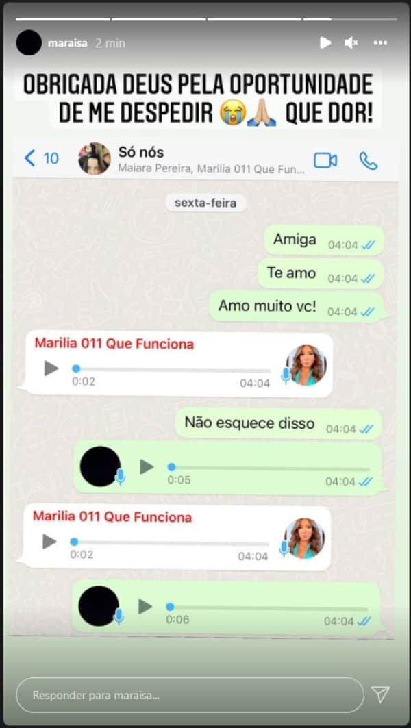 Maraisa compartilhou print de última conversa com Marília Mendonça (Imagem: Reprodução) Maraisa compartilhou print de última conversa com Marília Mendonça (Imagem: Reprodução)