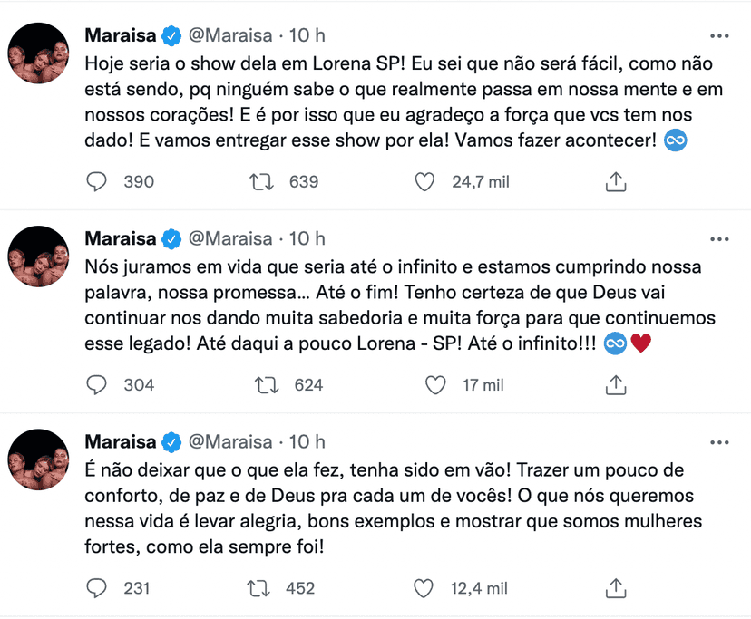 Publicação de Maraisa sobre os shows de Marília Mendonça - Foto: Reprodução Publicação de Maraisa sobre os shows de Marília Mendonça - Foto: Reprodução