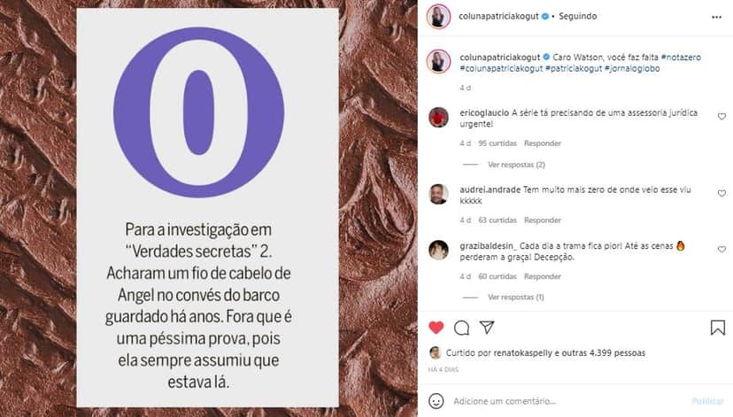Patrícia Kogut, do jornal O Globo, detonou "Verdades Secretas 2" (Foto: Reprodução/Instagram) Patrícia Kogut, do jornal O Globo, detonou "Verdades Secretas 2" (Foto: Reprodução/Instagram)