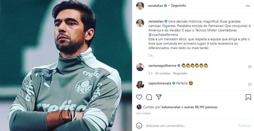 Renata Fan demonstrou sua admiração por Abel Ferreira (Foto: Reprodução/ Instagram) Renata Fan demonstrou sua admiração por Abel Ferreira (Foto: Reprodução/ Instagram)