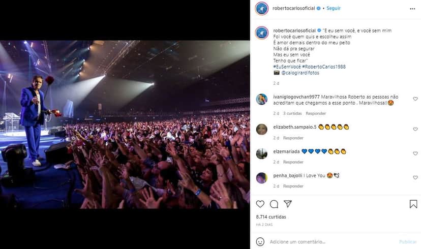 Roberto Carlos relembrou uma apresentação, após a morte de Dudu Braga (Foto: Reprodução/Instagram) Roberto Carlos relembrou uma apresentação, após a morte de Dudu Braga (Foto: Reprodução/Instagram)