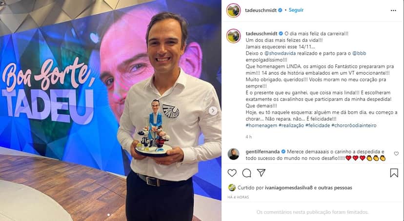 Tadeu Schmidt emociona em textão, após saída do Fantástico - Foto: Reprodução Tadeu Schmidt emociona em textão, após saída do Fantástico - Foto: Reprodução