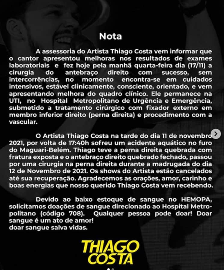 Assessoria de Thiago Costa divulga nota nas redes sociais (Foto: Reprodução/ Instagram) Assessoria de Thiago Costa divulga nota nas redes sociais (Foto: Reprodução/ Instagram)