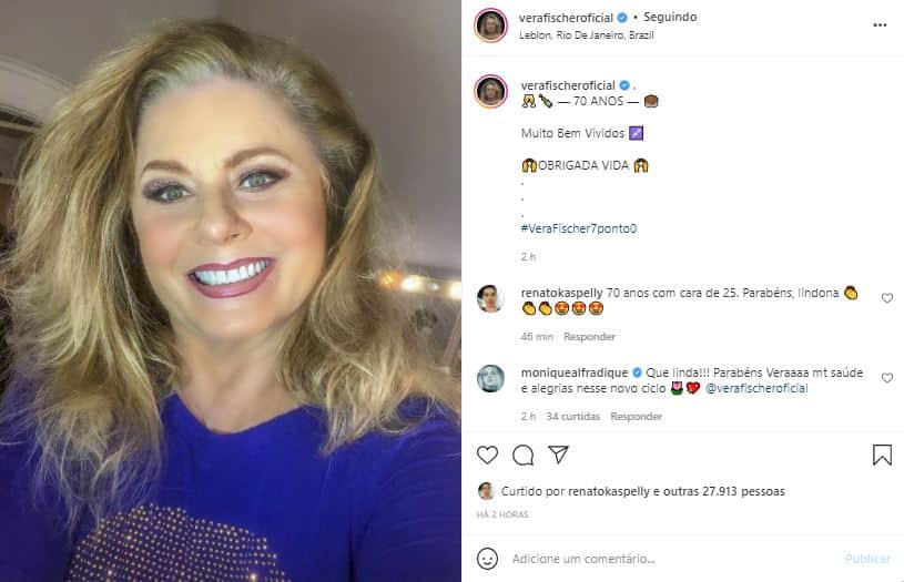 Vera Fisher comemorou os 70 anos com foto nas redes sociais (Foto: Reprodução/Instagram) Vera Fisher comemorou os 70 anos com foto nas redes sociais (Foto: Reprodução/Instagram)