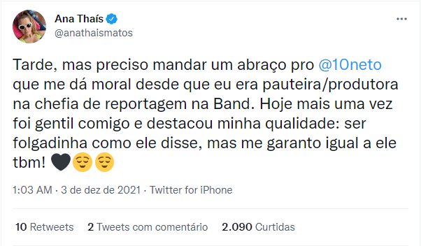 Ana Thaís Matos responde Neto após comentário (Foto: Reprodução) Ana Thaís Matos responde Neto após comentário (Foto: Reprodução)