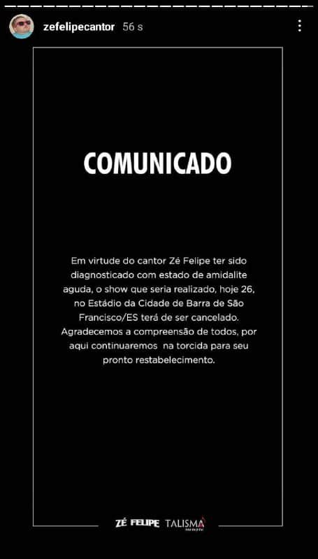 Zé Felipe teve que cancelar show no Espírito Santo (Foto: Reprodução) Zé Felipe teve que cancelar show no Espírito Santo (Foto: Reprodução)