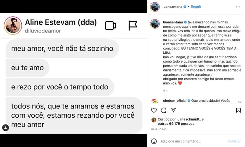 Luan Santana compartilha mensagem de apoio recebida de fãs - Reprodução Luan Santana compartilha mensagem de apoio recebida de fãs - Reprodução