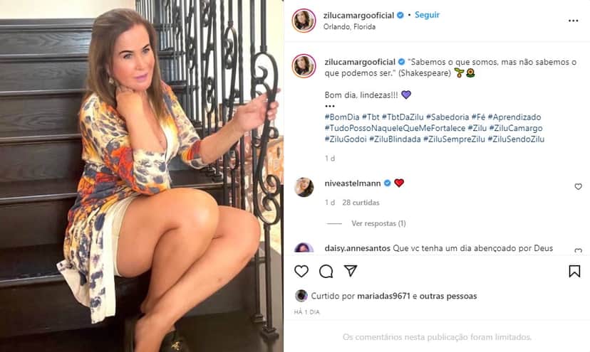 Zilu Camargo ergue vestido e mostra pernões aos 63 anos - Foto: Reprodução Zilu Camargo ergue vestido e mostra pernões aos 63 anos - Foto: Reprodução