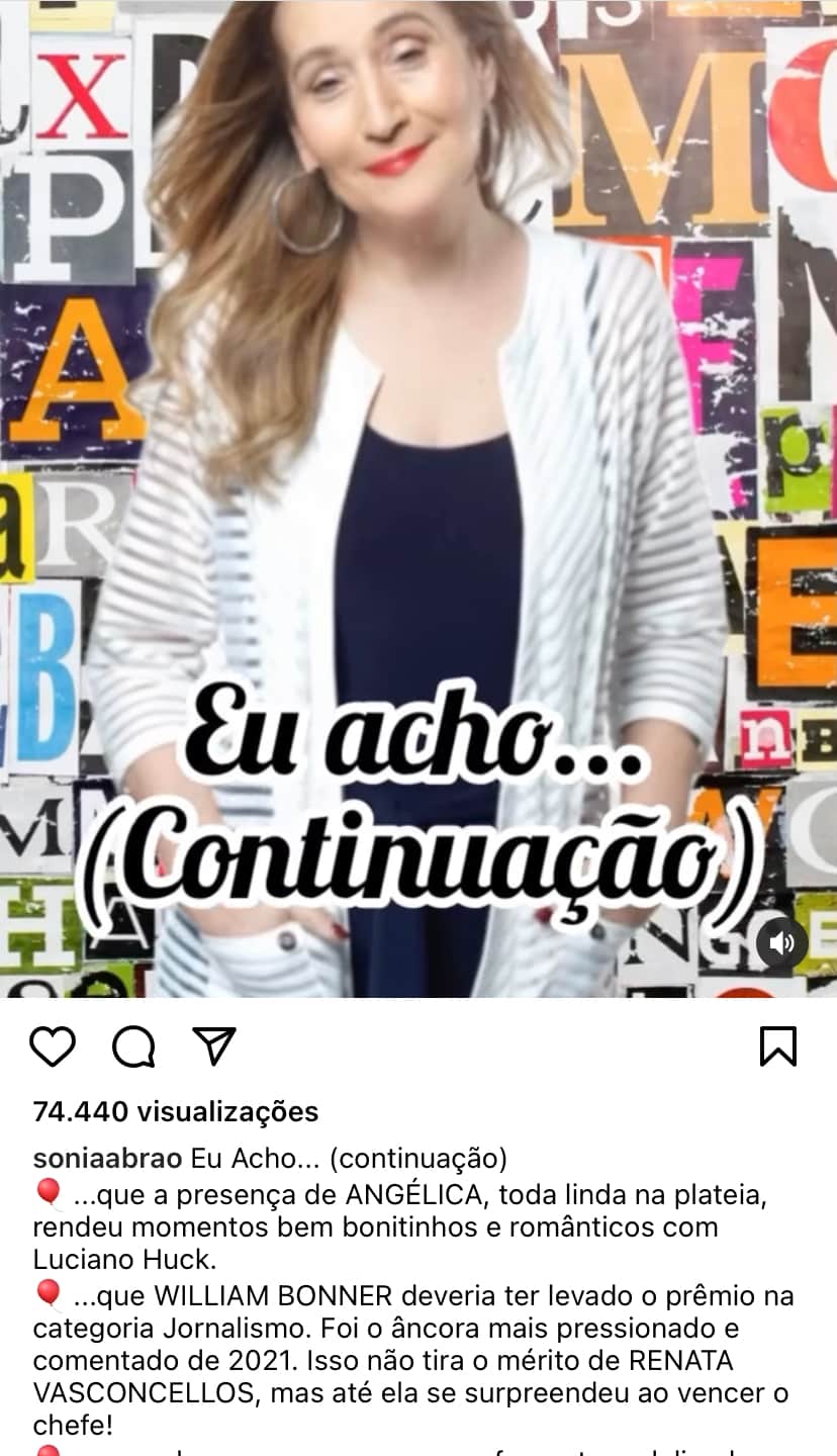 “Bonner deveria ter levado”, Sonia Abrão expõe prêmio de Renata Vasconcellos e assume: “Até ela se surpreendeu” “Bonner deveria ter levado”, Sonia Abrão expõe prêmio de Renata Vasconcellos e assume: “Até ela se surpreendeu”