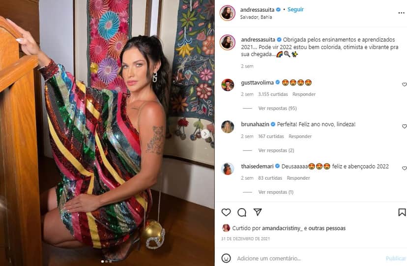 Andressa Suita celebrou a chegada de 2022 e ganhou um comentário de Gusttavo Lima Andressa Suita celebrou a chegada de 2022 e ganhou um comentário de Gusttavo Lima