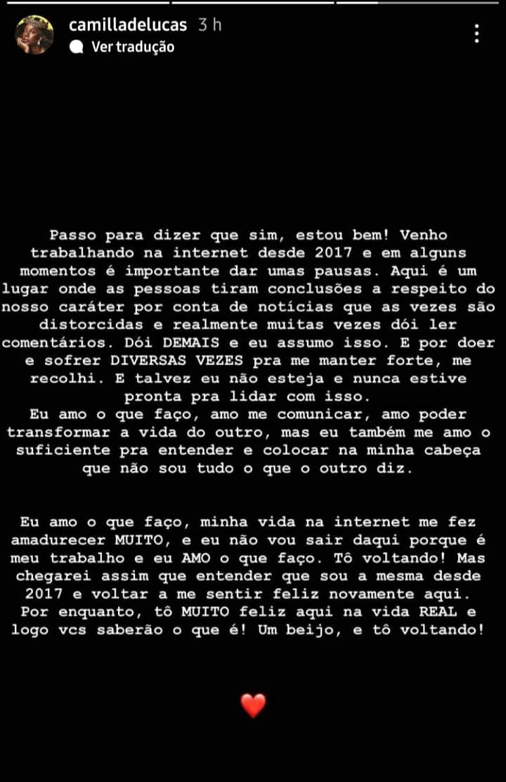 Stories de Camilla de Lucas (Foto: Reprodução/ Instagram) Stories de Camilla de Lucas (Foto: Reprodução/ Instagram)