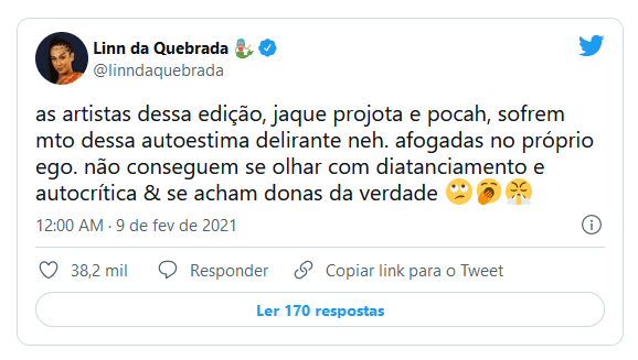 Tweet antigo de Linn da Quebrada (Foto: Reprodução / Internet) Tweet antigo de Linn da Quebrada (Foto: Reprodução / Internet)
