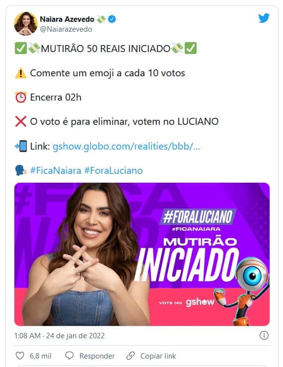 ADMs de Naiara Azevedo pedem mutirão de votos em Luciano (Foto: Reprodução / Twitter) ADMs de Naiara Azevedo pedem mutirão de votos em Luciano (Foto: Reprodução / Twitter)