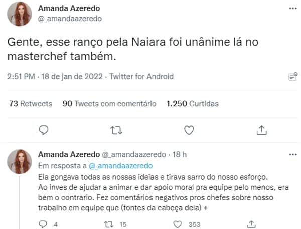 Ex-participante do MasterChef Brasil solta o verbo (Reprodução/ Twitter) Ex-participante do MasterChef Brasil solta o verbo (Reprodução/ Twitter)