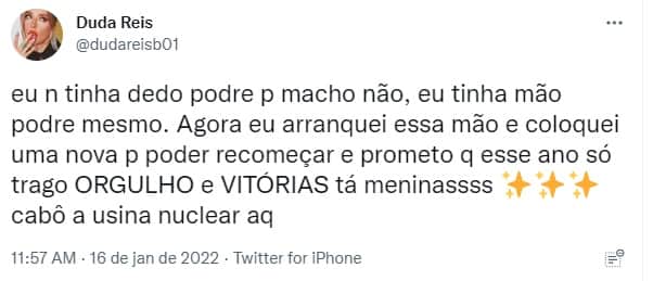 Declaração de Duda Reis (Reprodução/ Twitter) Declaração de Duda Reis (Reprodução/ Twitter)