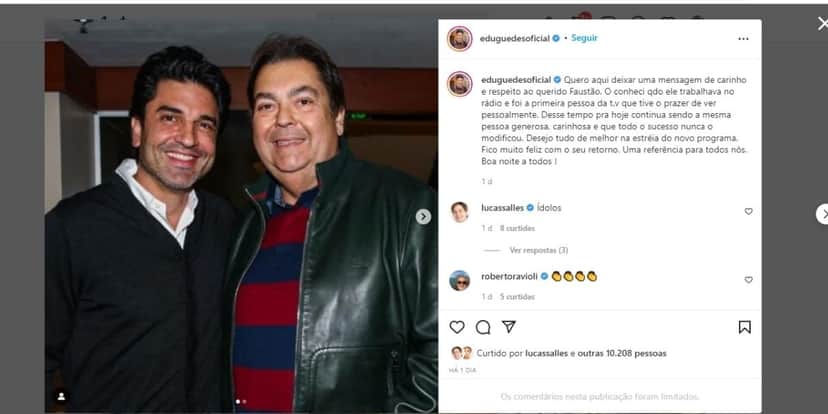 "Quero deixar aqui", Edu Guedes expõe passado com Faustão e entrega lado oculto do veterano: "Continua sendo" "Quero deixar aqui", Edu Guedes expõe passado com Faustão e entrega lado oculto do veterano: "Continua sendo"