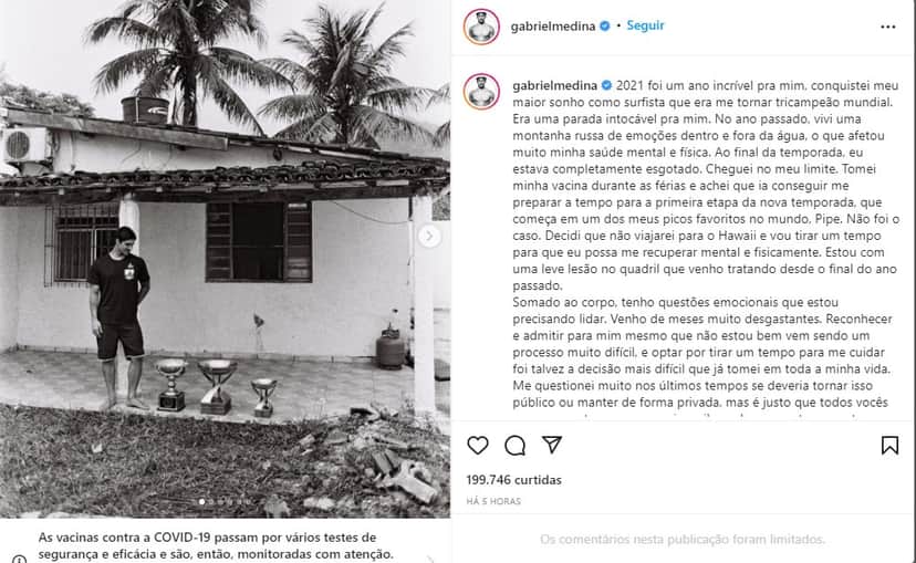 Gabriel Medina anuncia afastamento surfe - Foto: Reprodução Gabriel Medina anuncia afastamento surfe - Foto: Reprodução