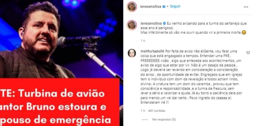 Lene Sensitiva fez previsão envolvendo sertanejos, incluindo Bruno (Foto: Reprodução/Instagram) Lene Sensitiva fez previsão envolvendo sertanejos, incluindo Bruno (Foto: Reprodução/Instagram)