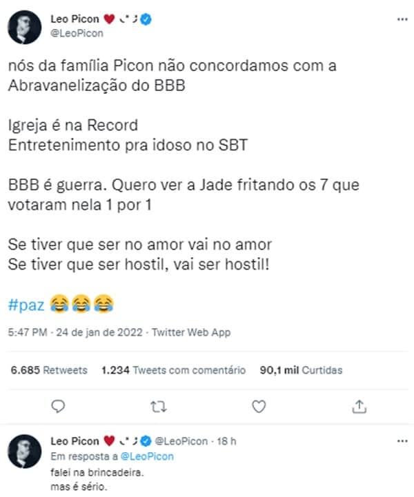 As declarações em tom de brincadeira de Léo Picon (Reprodução/Twitter)
