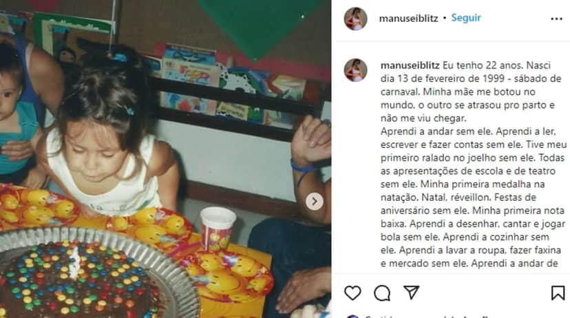 O desabafo de Manu Seiblitz contra o pai, André Gonçalves (Reprodução/ Instagram) O desabafo de Manu Seiblitz contra o pai, André Gonçalves (Reprodução/ Instagram)