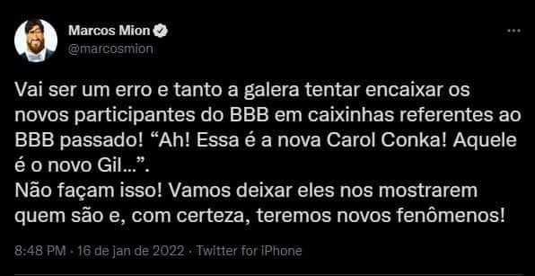 Marcos Mion expõe erro envolvendo o BBB22 - Foto: Reprodução/Twitter Marcos Mion expõe erro envolvendo o BBB22 - Foto: Reprodução/Twitter