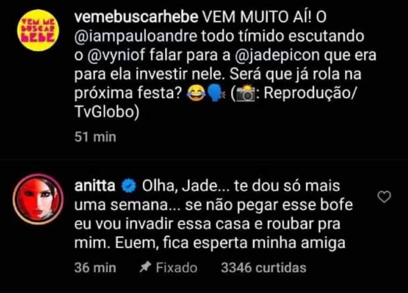 Anitta resolveu dar um prazo para Jade se decidir (Foto: Reprodução / Instagram) Anitta resolveu dar um prazo para Jade se decidir (Foto: Reprodução / Instagram)