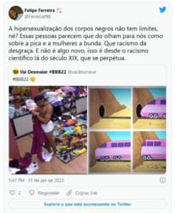 Internautas criticaram o fato do homem preto ser associado a um órgão genital grande (Foto: Reprodução / Twitter) Internautas criticaram o fato do homem preto ser associado a um órgão genital grande (Foto: Reprodução / Twitter)