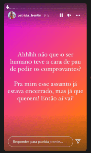 Story de Patricia Trentin sobre comprovantes de compras no cartão dela (Foto:Divulgação/Instagram) Story de Patricia Trentin sobre comprovantes de compras no cartão dela (Foto:Divulgação/Instagram)
