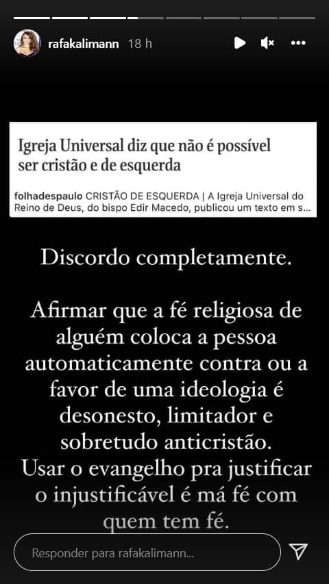 Rafa Kalimann detona Igreja Universal - Foto: Reprodução Rafa Kalimann detona Igreja Universal - Foto: Reprodução