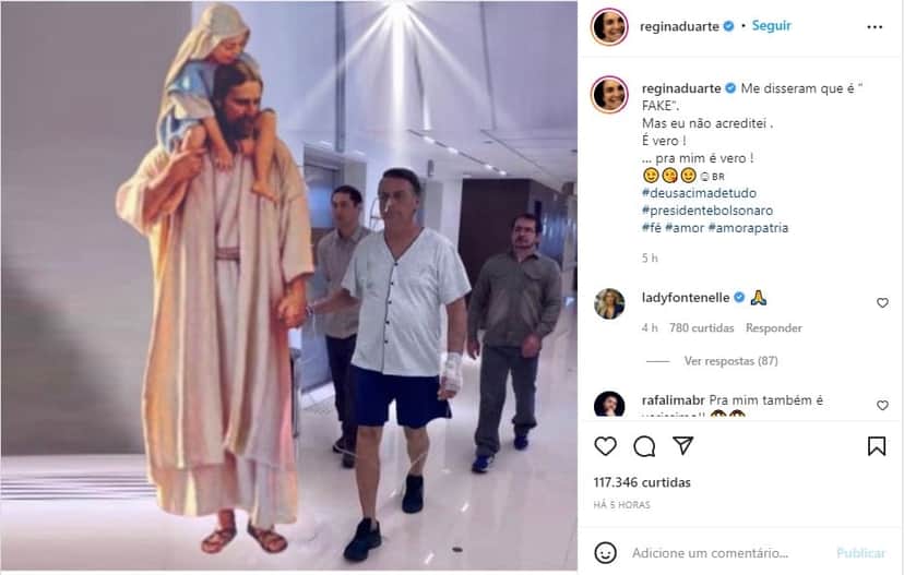 Regina Duarte faz montagem de Bolsonaro - Foto: Reprodução Regina Duarte faz montagem de Bolsonaro - Foto: Reprodução