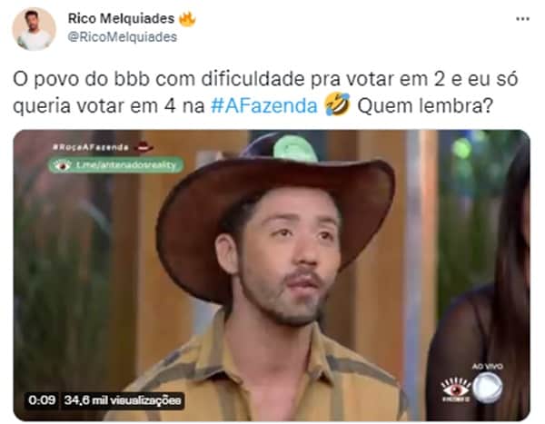 Rico Melquiades posta video querendo votar em 4 peões em A Fazenda 13 (Reprodução/ Twitter) Rico Melquiades posta video querendo votar em 4 peões em A Fazenda 13 (Reprodução/ Twitter)