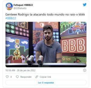 Rodrigo no Raio-X falou mal dos colegas do BBB22 (Foto: Reprodução / Globoplay) Rodrigo no Raio-X falou mal dos colegas do BBB22 (Foto: Reprodução / Globoplay)