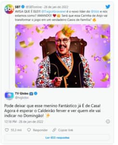 SBT e Globo trocam gentilezas nas redes sociais por causa do BBB22 (Foto: Reprodução / Twitter) SBT e Globo trocam gentilezas nas redes sociais por causa do BBB22 (Foto: Reprodução / Twitter)