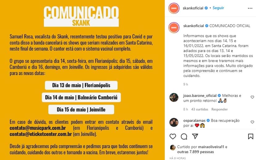 Comunicado da banda Skank (Reprodução/ Instagram) Comunicado da banda Skank (Reprodução/ Instagram)