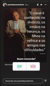 Story de Graciele Lacerda perguntando para seguidores se concordam com a foto (Foto: Reprodução/Instagram) Story de Graciele Lacerda perguntando para seguidores se concordam com a foto (Foto: Reprodução/Instagram)