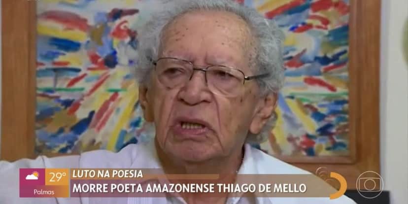 Poeta Thiago de Mello morreu hoje, aos 95 anos; saiba o que Patrícia Poeta disse no "Encontro" (Foto: Reprodução/TV Globo) Poeta Thiago de Mello morreu hoje, aos 95 anos; saiba o que Patrícia Poeta disse no "Encontro" (Foto: Reprodução/TV Globo)